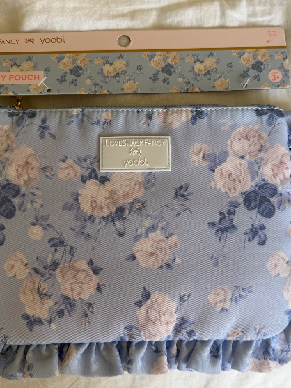 LoveShackFancy Light Blue Floral Cosmetic Pouch with Pink Roses